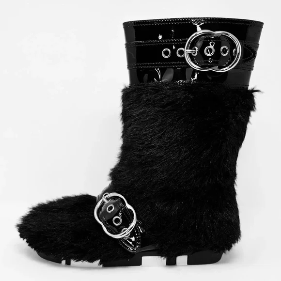 Miu Miu Faux Fur Furry Flat Tall Shearling Winter Boots Shoes Black Buckle 39 9 - Picture 2 of 11